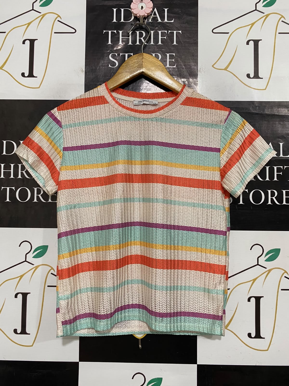 ZARA TRAFALUC |S| BUST 16| A56| MULTICOLOR STRIPED TEXTURED TECHNICAL UTILITY T-SHIRT
