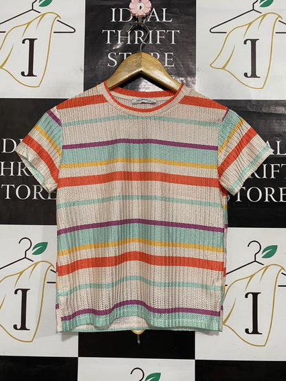 ZARA TRAFALUC |S| BUST 16| A56| MULTICOLOR STRIPED TEXTURED TECHNICAL UTILITY T-SHIRT