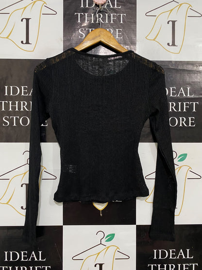 LILY LOVES |S| BUST 15| A56| BLACK TWIST-FRONT RIBBED TECHNICAL UTILITY LONG-SLEEVE TOP