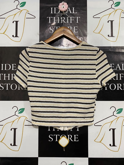 SHEIN |M| BUST 17| A56| BLACK, BEIGE, AND WHITE STRIPED BOW-BUTTON CROPPED TECHNICAL UTILITY CARDIGAN