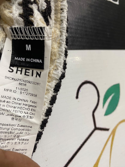 SHEIN |M| BUST 17| A56| BLACK, BEIGE, AND WHITE STRIPED BOW-BUTTON CROPPED TECHNICAL UTILITY CARDIGAN