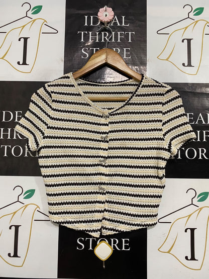 SHEIN |M| BUST 17| A56| BLACK, BEIGE, AND WHITE STRIPED BOW-BUTTON CROPPED TECHNICAL UTILITY CARDIGAN