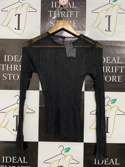ANKO |XS| BUST 12| A56| BLACK METALLIC SHEER RIBBED TECHNICAL UTILITY LONG-SLEEVE TOP
