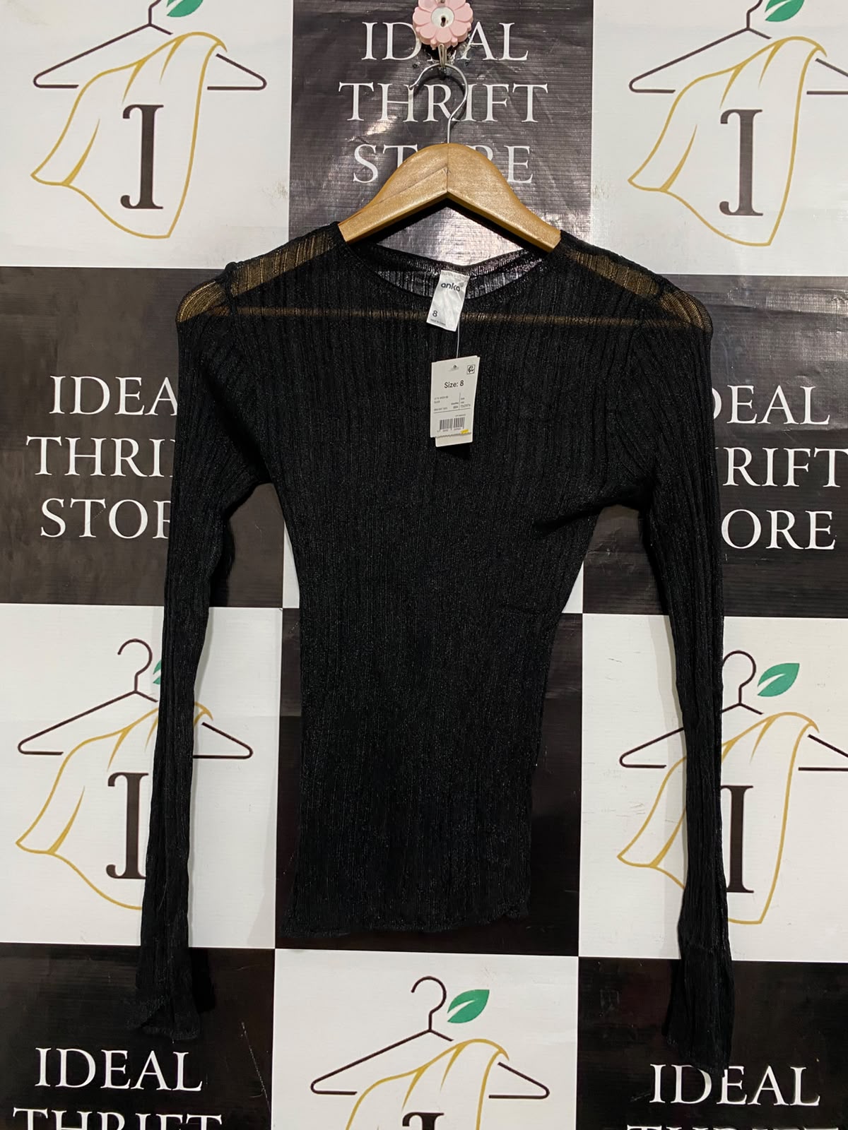 ANKO |XS| BUST 12| A56| BLACK METALLIC SHEER RIBBED TECHNICAL UTILITY LONG-SLEEVE TOP
