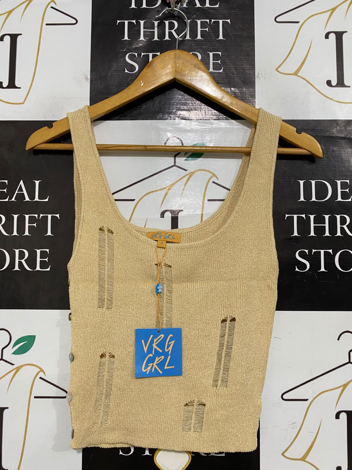 VRK GRL |S| BUST 12| A56| BEIGE DISTRESSED KNIT TECHNICAL UTILITY TANK TOP