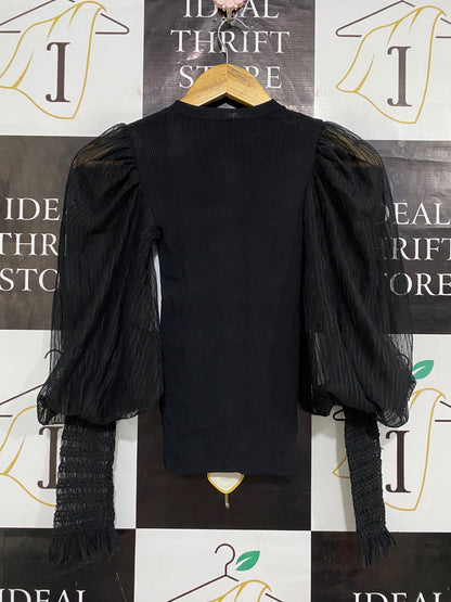 SHEIKE |XS| BUST 10| A56| BLACK PUFF-SLEEVE RIBBED TECHNICAL UTILITY TOP