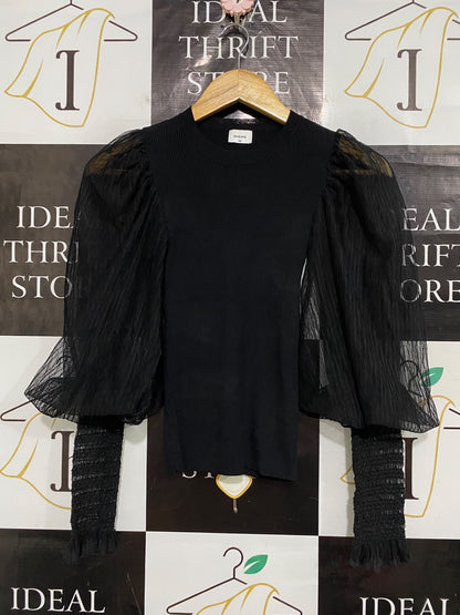 SHEIKE |XS| BUST 10| A56| BLACK PUFF-SLEEVE RIBBED TECHNICAL UTILITY TOP