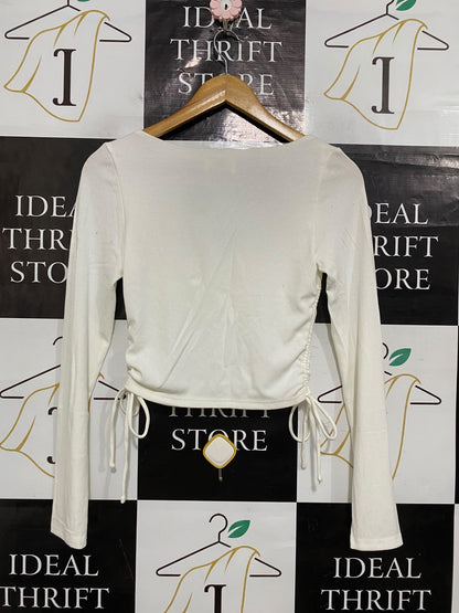 RUMOR |S| BUST 14| A56| WHITE SQUARE-NECK SIDE-RUCHED RIBBED TECHNICAL UTILITY LONG-SLEEVE TOP