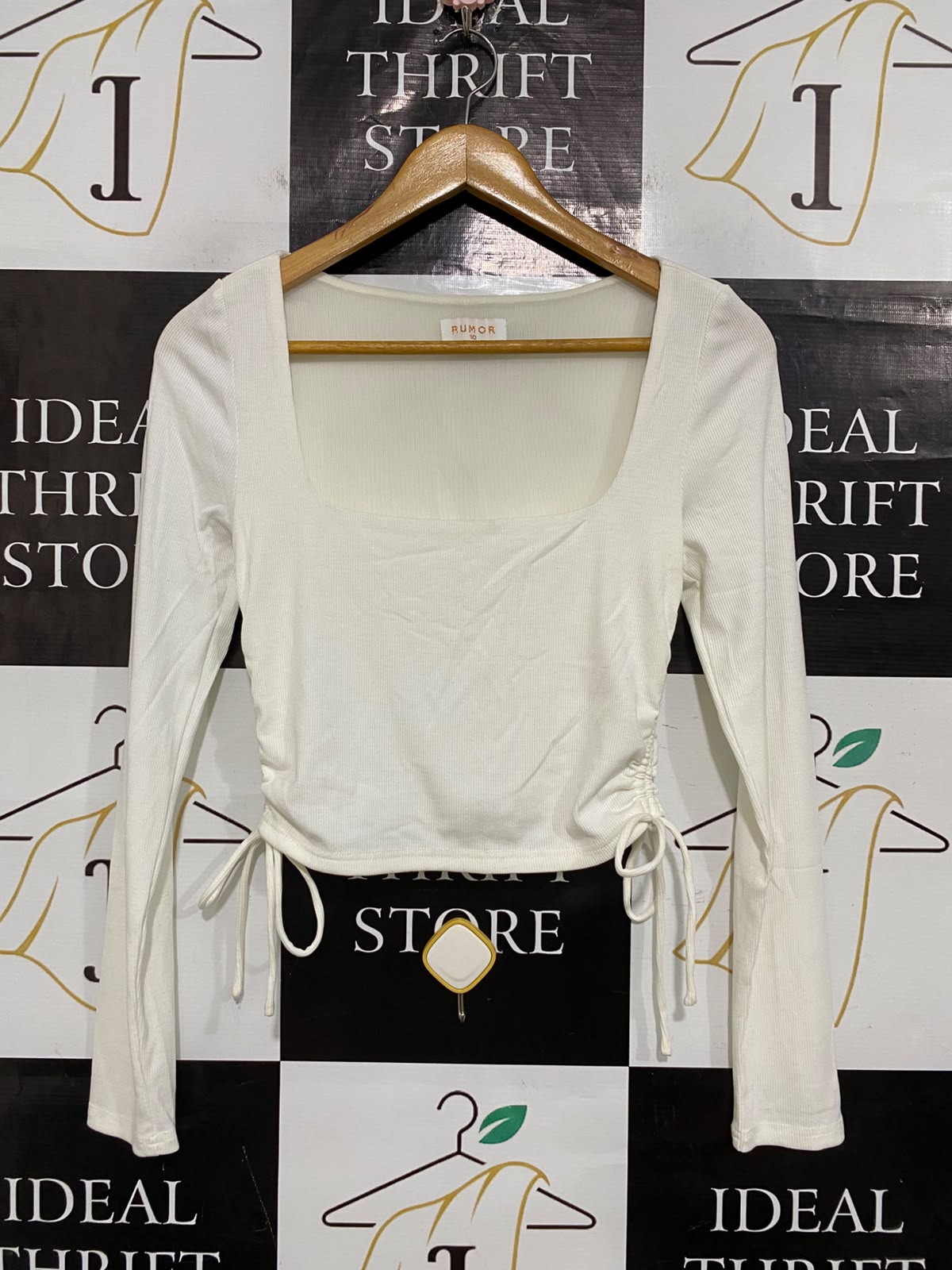 RUMOR |S| BUST 14| A56| WHITE SQUARE-NECK SIDE-RUCHED RIBBED TECHNICAL UTILITY LONG-SLEEVE TOP