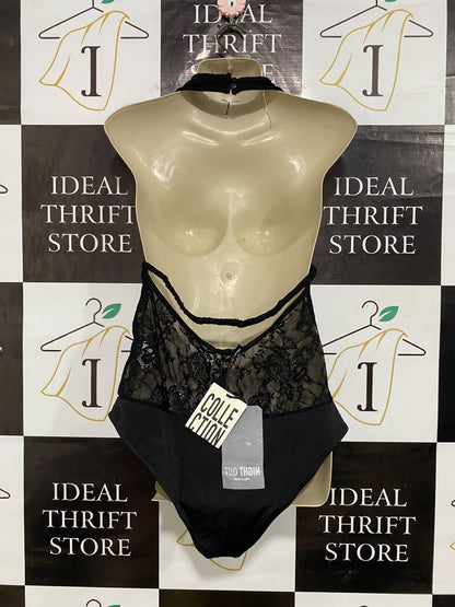 PULL & BEAR |L| BUST 14| A56| BLACK LACE AND SEQUIN HALTER TECHNICAL UTILITY BODYSUIT