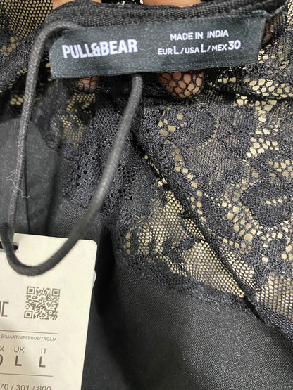PULL & BEAR |L| BUST 14| A56| BLACK LACE AND SEQUIN HALTER TECHNICAL UTILITY BODYSUIT