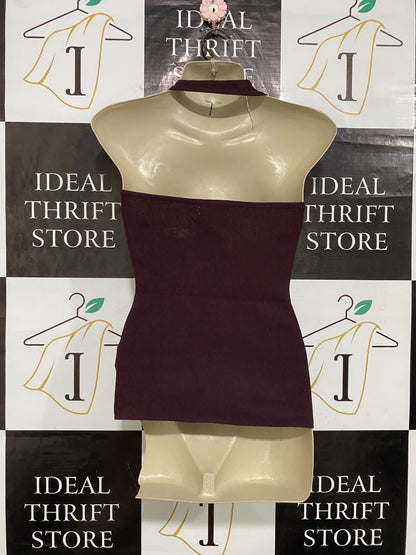 GLASSONS |S| BUST 15| A56| PLUM ASYMMETRIC METALLIC-RING RIBBED TECHNICAL UTILITY TANK TOP