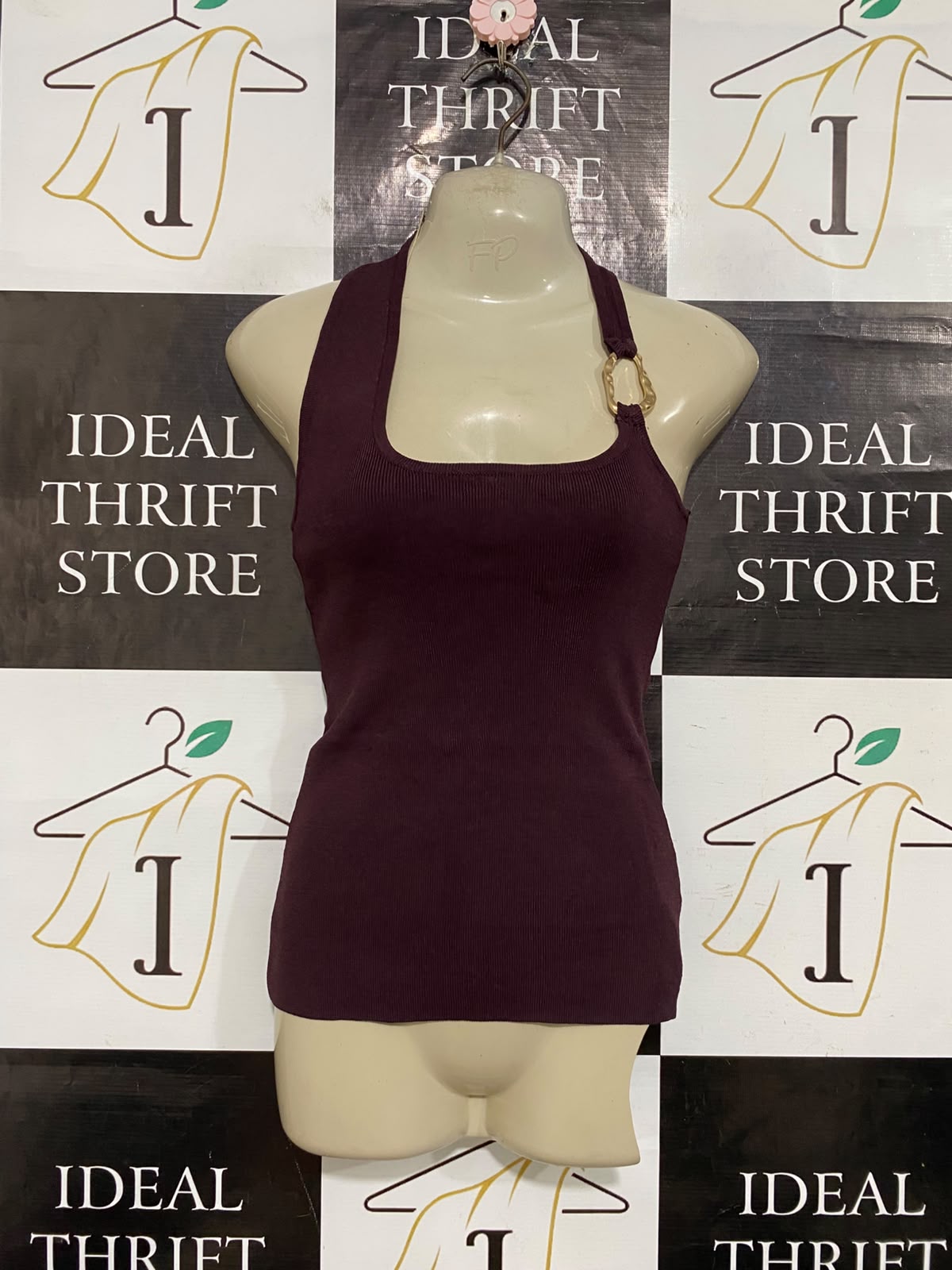 GLASSONS |S| BUST 15| A56| PLUM ASYMMETRIC METALLIC-RING RIBBED TECHNICAL UTILITY TANK TOP