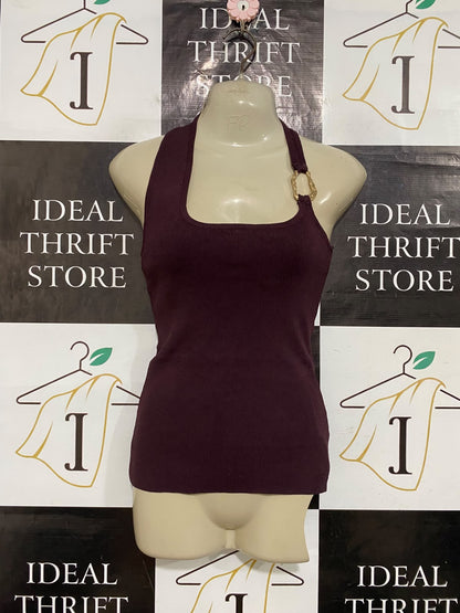GLASSONS |S| BUST 15| A56| PLUM ASYMMETRIC METALLIC-RING RIBBED TECHNICAL UTILITY TANK TOP