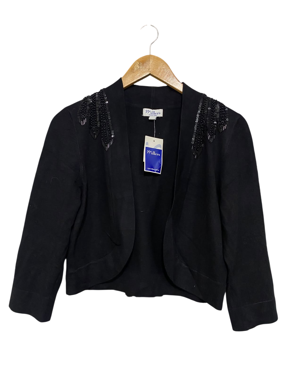 MILLERS |M| BUST 18| A57| BLACK BEADED SHOULDER OPEN-FRONT TECHNICAL UTILITY BOLERO JACKET