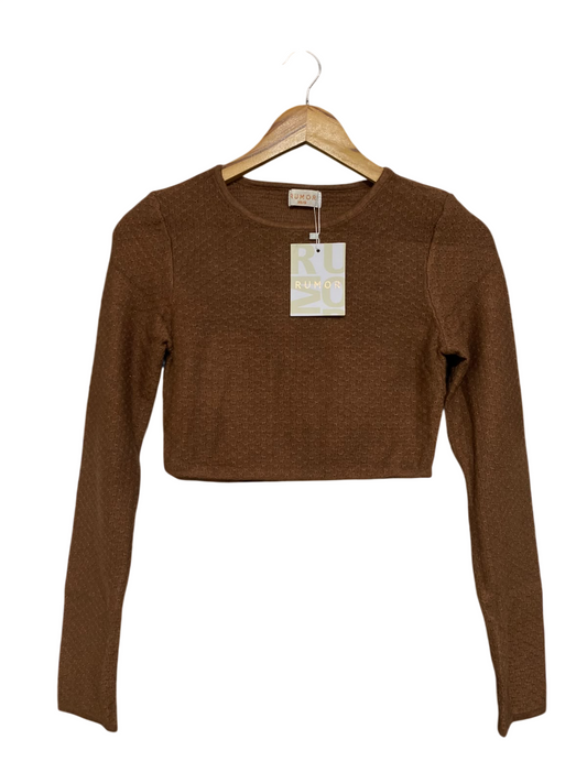 RUMOR |XS/S| BUST 15| A57| BROWN LONG-SLEEVE RIBBED TECHNICAL UTILITY CROP TOP