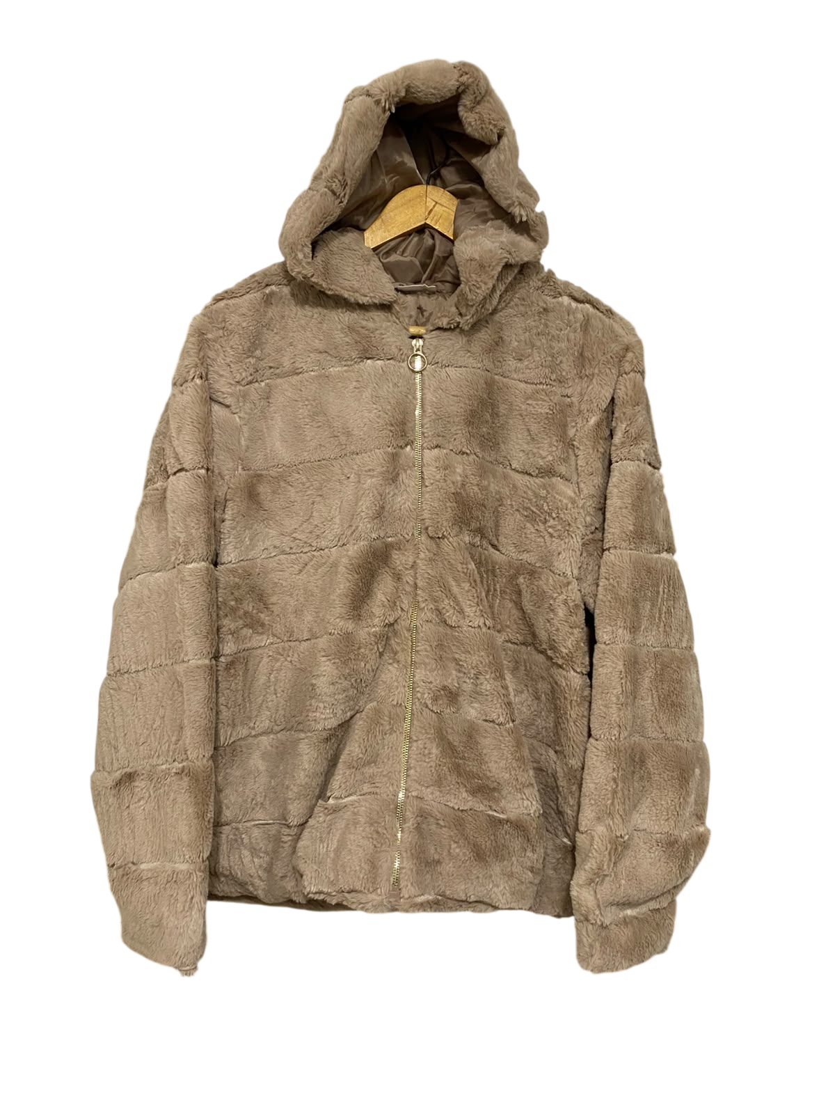 BELOVED |L| BUST 23| A57| TAUPE FAUX-FUR HOODED TECHNICAL UTILITY ZIP-UP JACKET