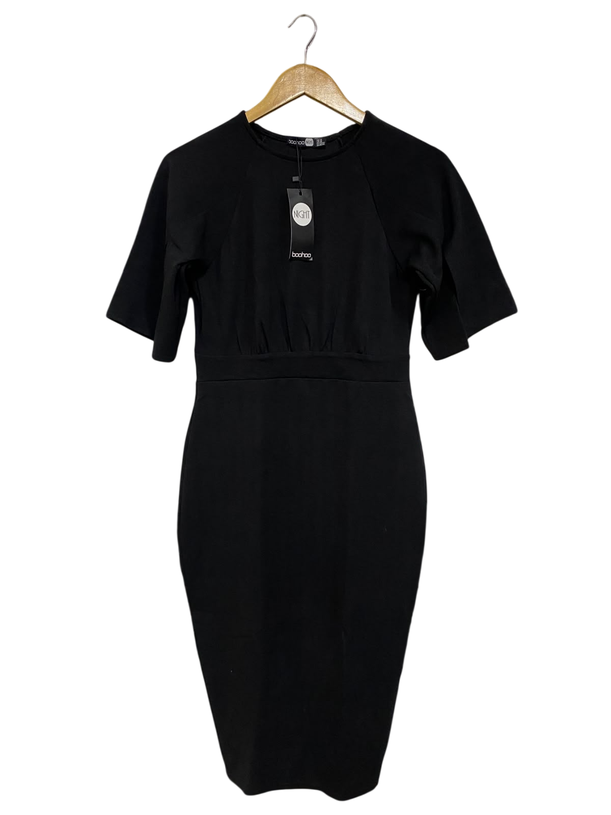 BOOHOO |M| BUST 16| A57| BLACK SHORT-SLEEVE GATHERED-WAIST TECHNICAL UTILITY MIDI DRESS