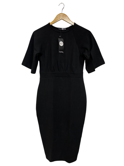 BOOHOO |M| BUST 16| A57| BLACK SHORT-SLEEVE GATHERED-WAIST TECHNICAL UTILITY MIDI DRESS