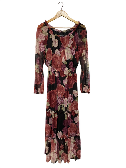 KATE AND LILY |M| BUST 18| A57| BLACK AND BURGUNDY FLORAL MESH TECHNICAL UTILITY MAXI DRESS