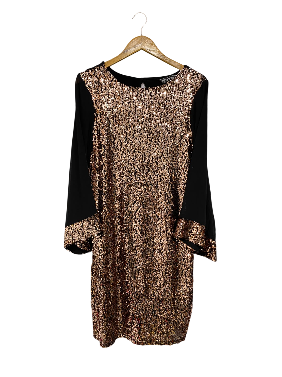 BILLIE & BLOSSOM |L| BUST 20| A57| ROSE GOLD SEQUIN AND BLACK LONG-SLEEVE TECHNICAL UTILITY DRESS
