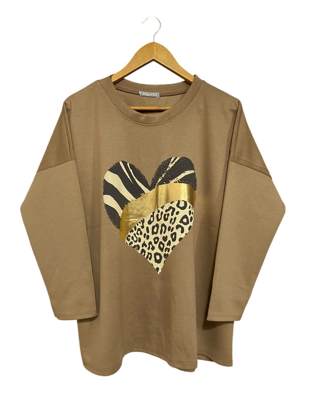 MADE IN ITALY |XL| BUST 27| A57| TAUPE MIXED ANIMAL-PRINT HEART TECHNICAL UTILITY SWEATSHIRT