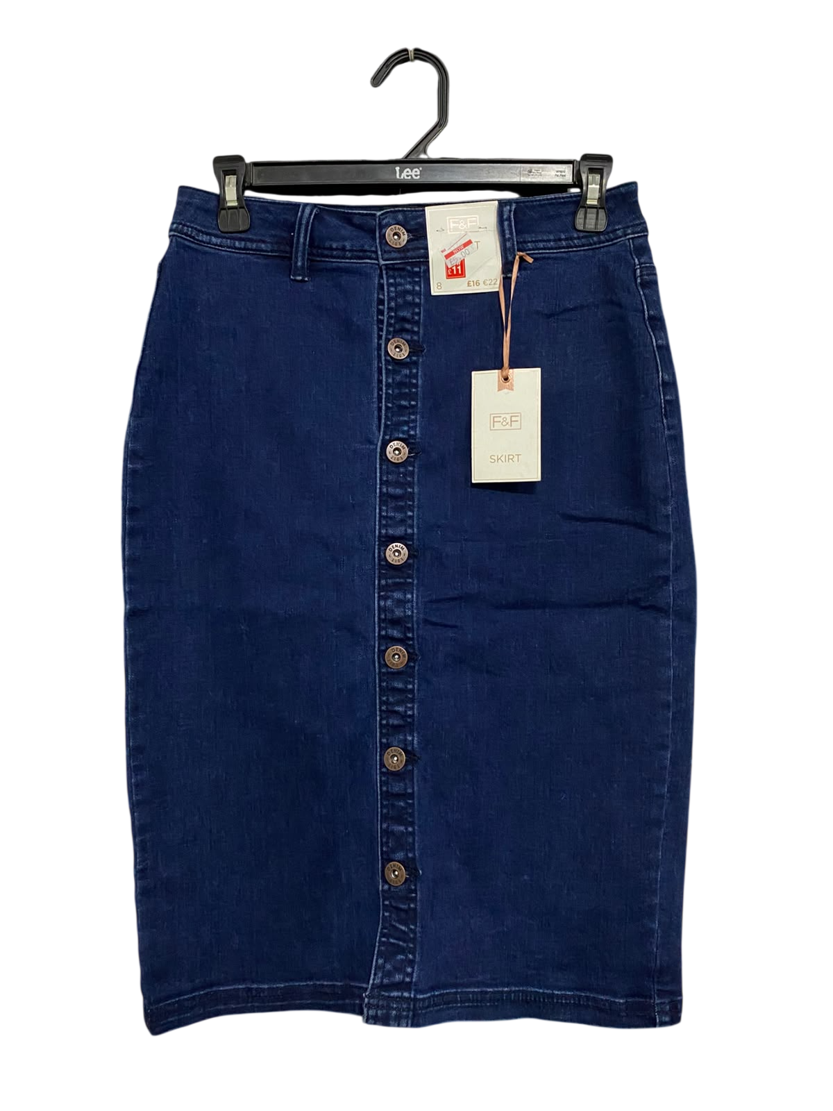 F&F |M| WAIST 28| A57| DARK BLUE DENIM BUTTON-FRONT TECHNICAL UTILITY MIDI SKIRT