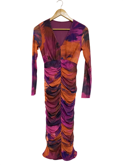 SHEIN |S| BUST 15| A57| PURPLE AND ORANGE ABSTRACT-PRINT RUFFLED MESH TECHNICAL UTILITY MIDI DRESS