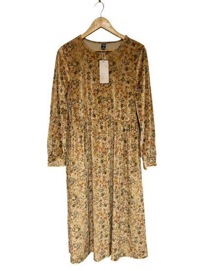 EMERY ROSE |M| BUST 19| A57| MUSTARD FLORAL-PRINT VELVET LONG-SLEVE TECHNICAL UTILITY MIDI DRESS