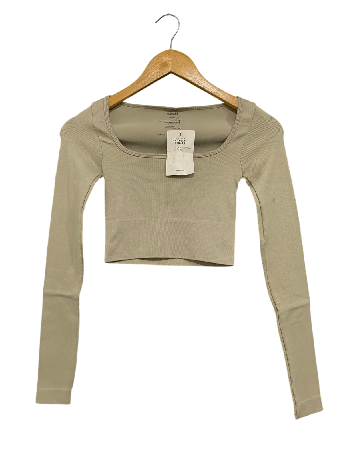 GLASSONS |XS/S| BUST 11| A57| BEIGE SQUARE-NECK LONG-SLEEVE CROPPED TECHNICAL UTILITY TOP