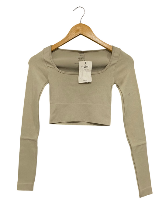 GLASSONS |XS/S| BUST 11| A57| BEIGE SQUARE-NECK LONG-SLEEVE CROPPED TECHNICAL UTILITY TOP