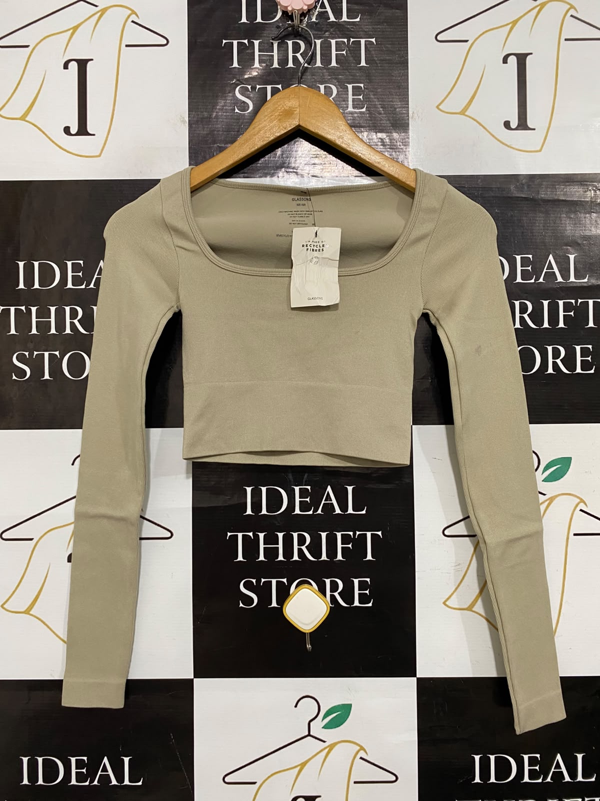 GLASSONS |XS/S| BUST 11| A57| BEIGE SQUARE-NECK LONG-SLEEVE CROPPED TECHNICAL UTILITY TOP