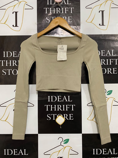 GLASSONS |XS/S| BUST 11| A57| BEIGE SQUARE-NECK LONG-SLEEVE CROPPED TECHNICAL UTILITY TOP