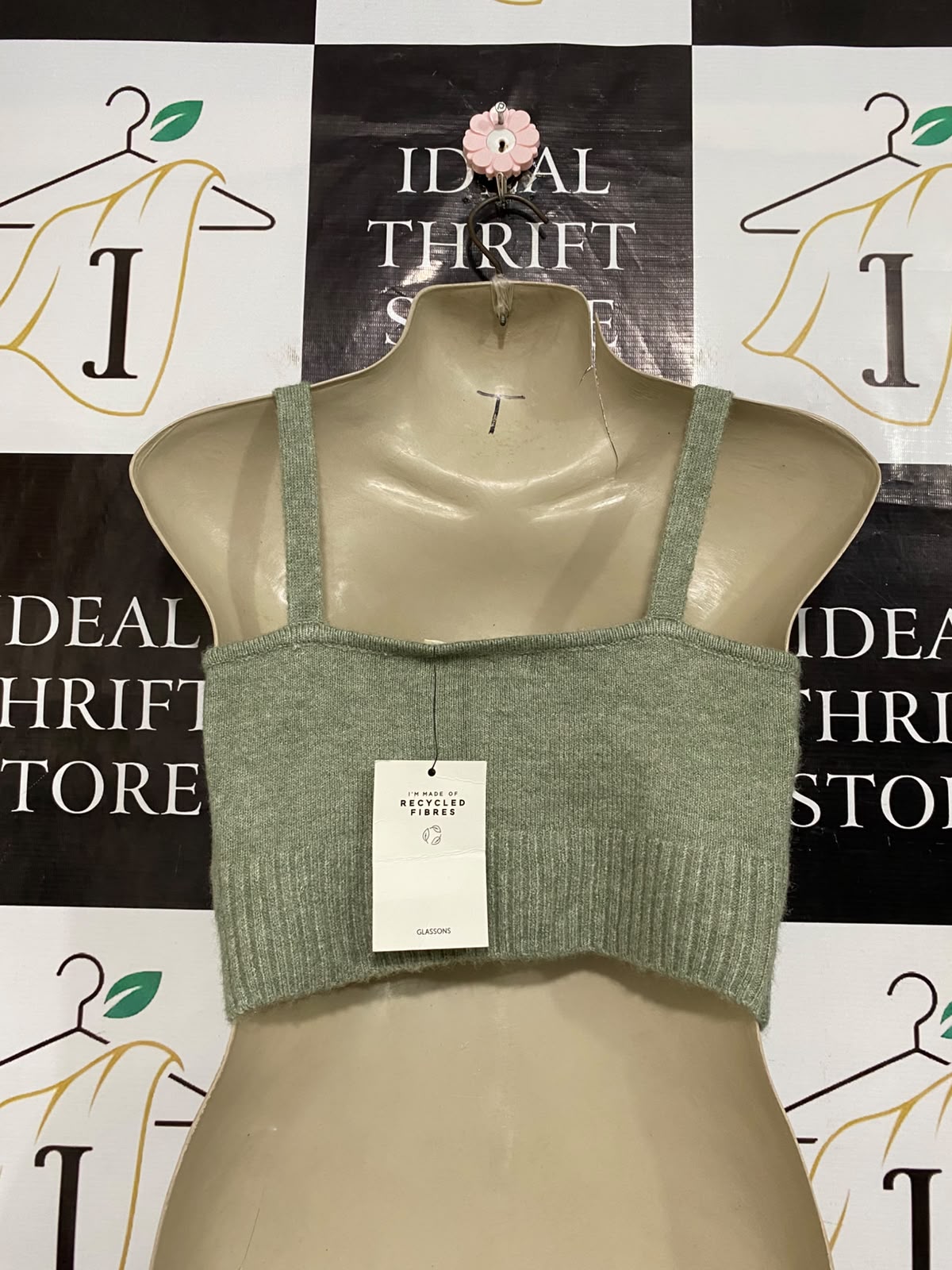 GLASSONS |S| BUST 15| A57| SAGE GREEN RIBBED CORSET-SEAM CROPPED TECHNICAL UTILITY TANK TOP