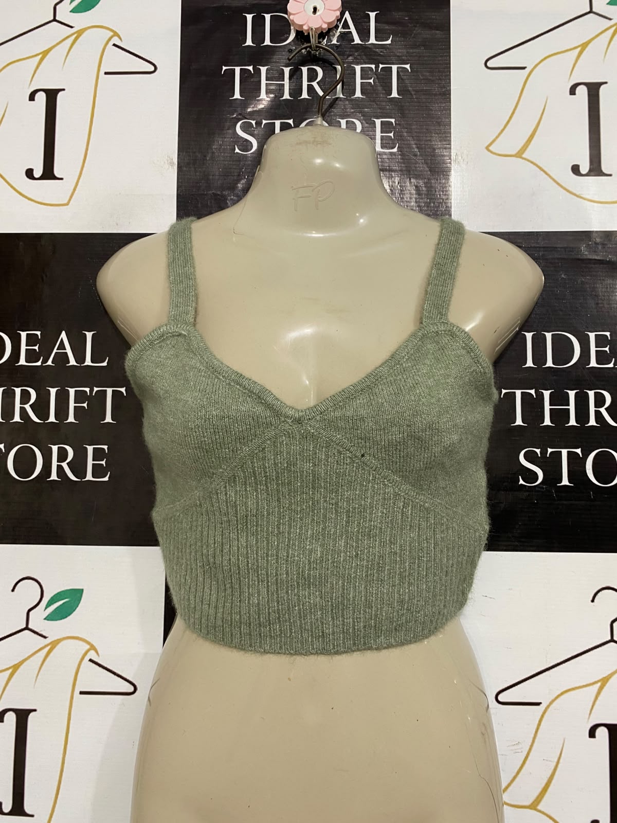GLASSONS |S| BUST 15| A57| SAGE GREEN RIBBED CORSET-SEAM CROPPED TECHNICAL UTILITY TANK TOP