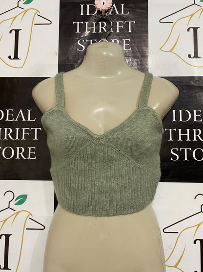 GLASSONS |S| BUST 15| A57| SAGE GREEN RIBBED CORSET-SEAM CROPPED TECHNICAL UTILITY TANK TOP