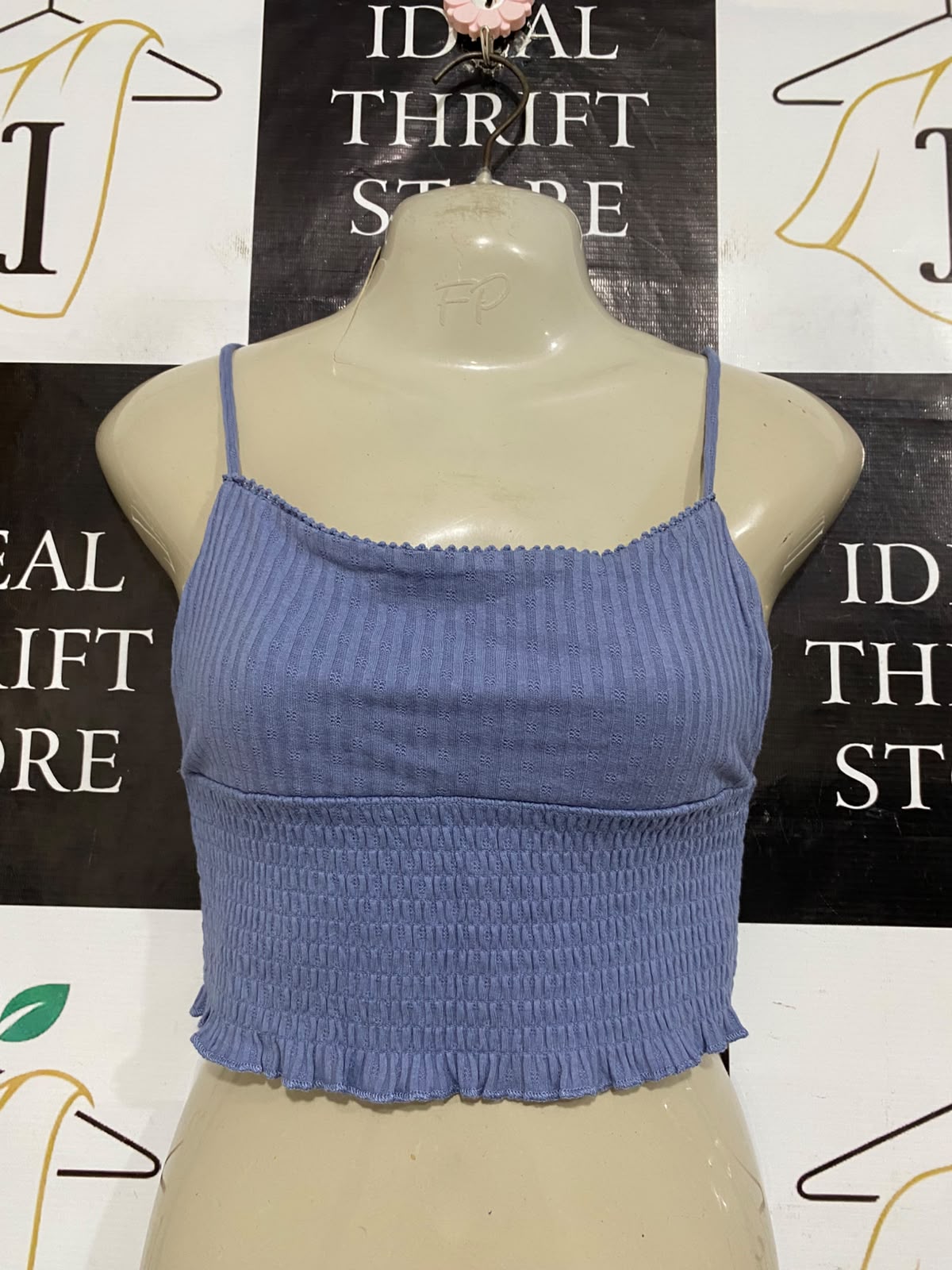 COTTON ON |S| BUST 15| A57| SLATE BLUE SMOCKED-HEM RUSHED-STRAP TECHNICAL UTILITY CROP TOP