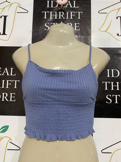 COTTON ON |S| BUST 15| A57| SLATE BLUE SMOCKED-HEM RUSHED-STRAP TECHNICAL UTILITY CROP TOP