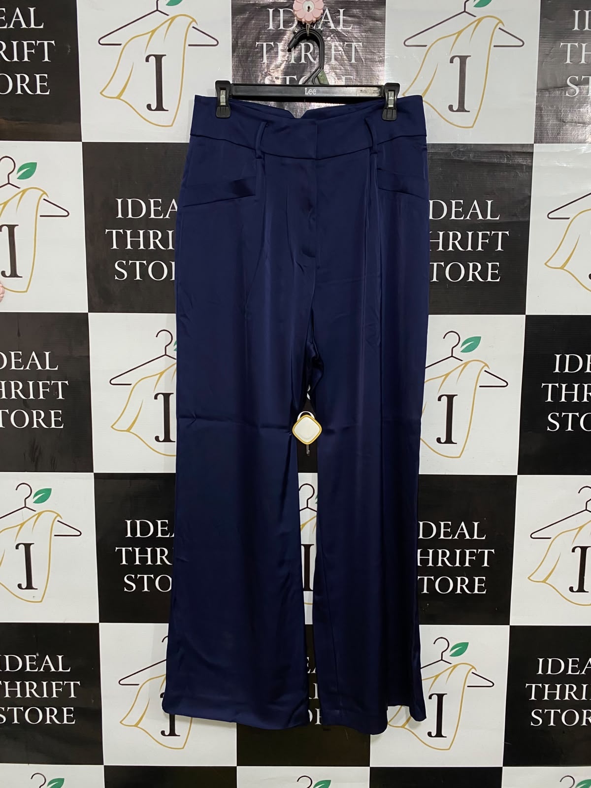 PORTMANS |L| WAIST 30| A57| NAVY SATIN-FINISH WIDE-LEG TECHNICAL UTILITY TROUSERS