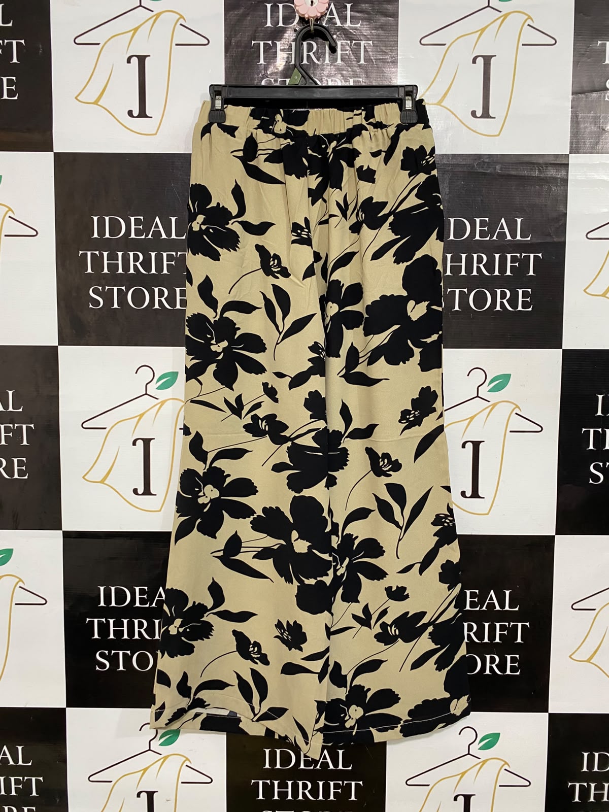 EMERY ROSE |M| WAIST 26| A57| BEIGE AND BLACK FLORAL-PRINT WIDE-LEG TECHNICAL UTILITY TROUSERS