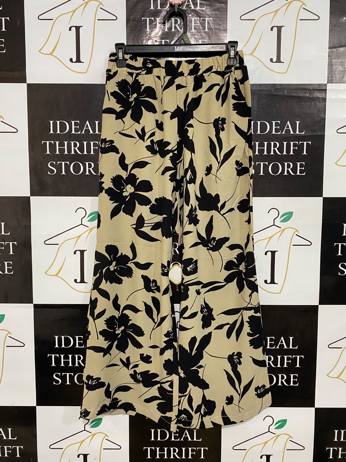 EMERY ROSE |M| WAIST 26| A57| BEIGE AND BLACK FLORAL-PRINT WIDE-LEG TECHNICAL UTILITY TROUSERS