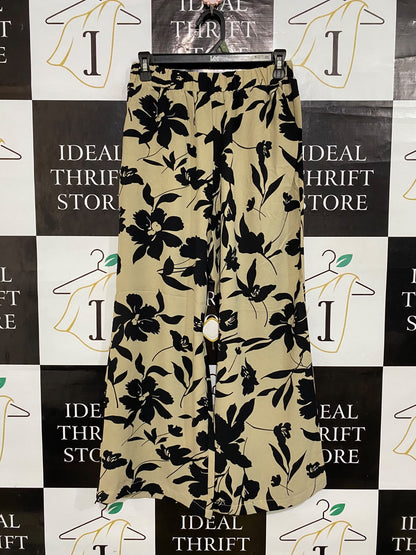 EMERY ROSE |M| WAIST 26| A57| BEIGE AND BLACK FLORAL-PRINT WIDE-LEG TECHNICAL UTILITY TROUSERS