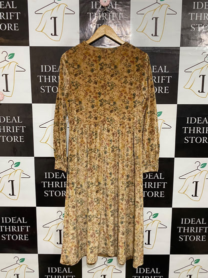 EMERY ROSE |M| BUST 19| A57| MUSTARD FLORAL-PRINT VELVET LONG-SLEVE TECHNICAL UTILITY MIDI DRESS