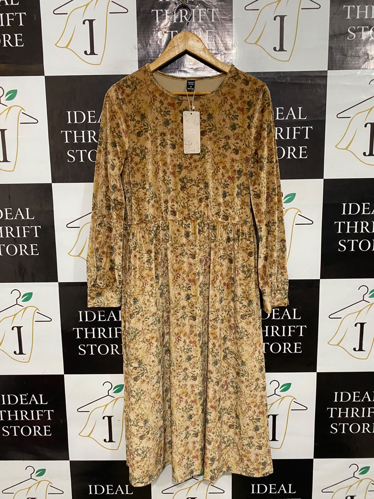 EMERY ROSE |M| BUST 19| A57| MUSTARD FLORAL-PRINT VELVET LONG-SLEVE TECHNICAL UTILITY MIDI DRESS