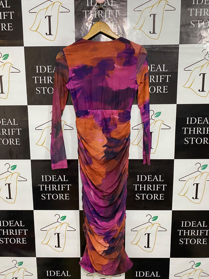 SHEIN |S| BUST 15| A57| PURPLE AND ORANGE ABSTRACT-PRINT RUFFLED MESH TECHNICAL UTILITY MIDI DRESS