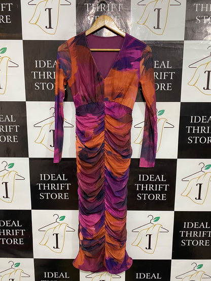 SHEIN |S| BUST 15| A57| PURPLE AND ORANGE ABSTRACT-PRINT RUFFLED MESH TECHNICAL UTILITY MIDI DRESS
