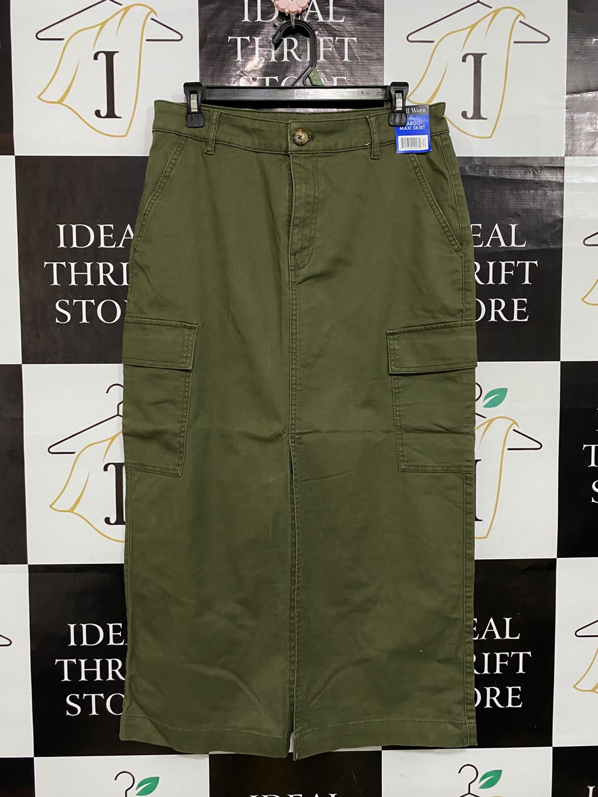 WELL WORM |L| WAIST 32| A57| OLIVE GREEN CARGO-POCKET TECHNICAL UTILITY MIDI SKIRT