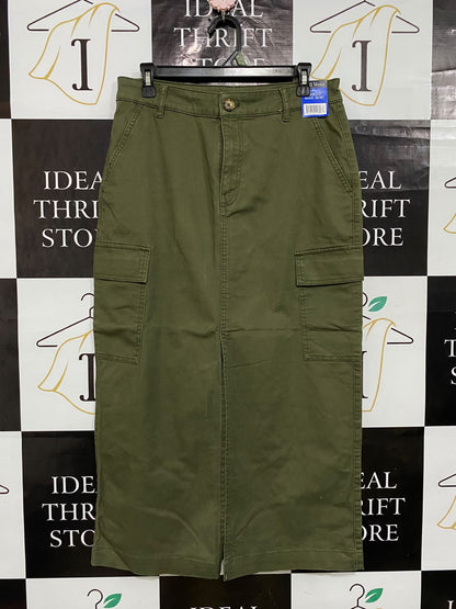 WELL WORM |L| WAIST 32| A57| OLIVE GREEN CARGO-POCKET TECHNICAL UTILITY MIDI SKIRT