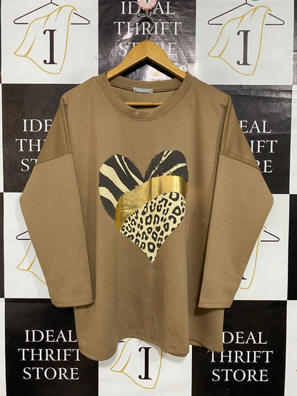 MADE IN ITALY |XL| BUST 27| A57| TAUPE MIXED ANIMAL-PRINT HEART TECHNICAL UTILITY SWEATSHIRT