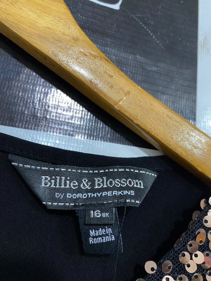 BILLIE & BLOSSOM |L| BUST 20| A57| ROSE GOLD SEQUIN AND BLACK LONG-SLEEVE TECHNICAL UTILITY DRESS